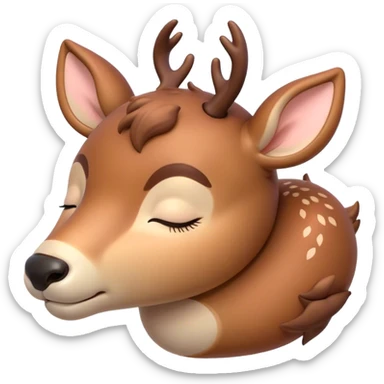 Meme-Worthy Cute Sleeping Deer Portrait Emoji, Head resting peacefully with a contented smile, showcasing a delicate, slender build and a luxuriously soft coat, eyes shut in a serene, restful nap, Simplified yet hilariously adorable features, highly detailed, glowing with a soft, drowsy light, high shine, relaxed and utterly lovable, stylized with an air of playful laziness, bright and heartwarming, soft glowing outline, capturing the essence of a comically sleepy deer, so meme-worthy it feels like it could instantly become the next viral sensation of adorable woodland slumber! sticker