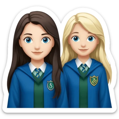 a pretty ravenclaw girl with long dark brown hair and blue eyes standing with a hot Slytherin girl with long blonde hair, blue eyes sticker