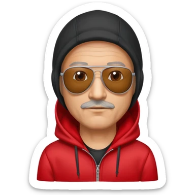 50-year-old man with slight stubble on upper lip, black aviator sunglasses, wearing a red hoodie with hood up sticker