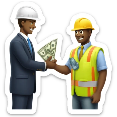 A construction worker giving money to another man in a suit.  sticker