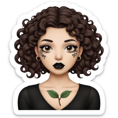 Alternative girl with curly dark brown hair and a magnolia throat tattoo sticker