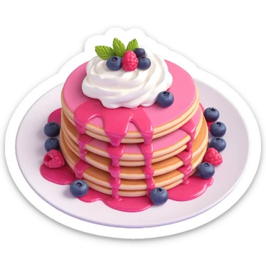appetizing pink pancakes with berries and whipped cream on a plate, glossy, modern, and fresh sticker
