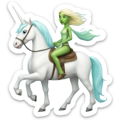 [(a light green amazon alien woman with blue eyes) on a (four-legged white unicorn)] sticker