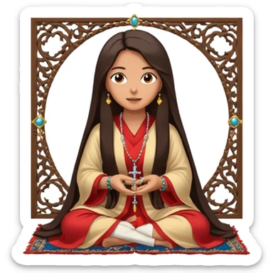 An woman sits on a Persian rug with a rosary, a large ring, a long hair, but she is beautiful and modern, wearing a robe, and looks at the camera with amazement. sticker