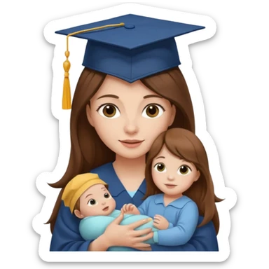 "Woman with long brown hair and fair skin wearing a graduation cap, holding a baby who has a hat and fair skin." sticker