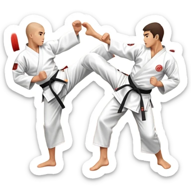 Two karate fighters in traditional gi sparring. One executes a high kick aimed at the opponent’s head, while the other blocks with a strong hand defense. The background features a classic dojo with wooden flooring and banners. Dynamic motion and focused expressions. Transparent background. sticker
