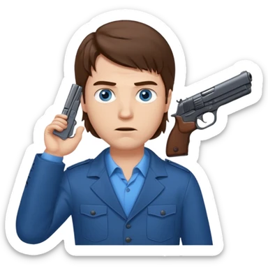 guy w medium long brown hair and blue eyes with gun to head sticker