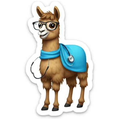 a llama with a blue scarf, stethoscope, and glasses smiling sticker