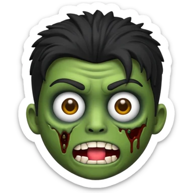 Quero um emoji de zumbi masculino, com cabelo preto, estilo desenho 3D como emoji, na mesma pose com as mãos levantadas para frente, expressão de zumbi com boca aberta e olhos meio caídos, pele verde acinzentada e roupa rasgada sticker