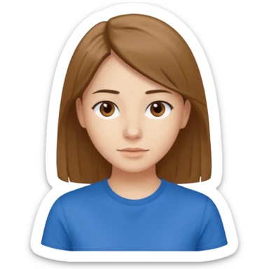 young brawn-eyed woman with straight hair with a blue t-shirt with  sticker