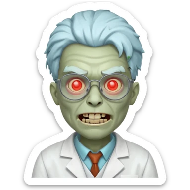 mad experiment zombie scientist portrait, head and shoulders only, exposed brain glow, broken glasses, evil grin, horror lab vibe, 3D cartoon, mobile game icon style, clean background, no text, no watermark
 sticker