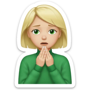 blonde girl in green jumper with hand on throat, sad sticker