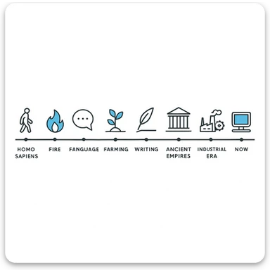 Horizontal minimalist timeline infographic of human history from Homo sapiens to now, with milestones: early humans, fire, language, farming, cities, writing, ancient empires, industrial era, space age, computers. Flat icons with blue accent, modern sans-serif font, lots of white space, clean and minimalist style. sticker