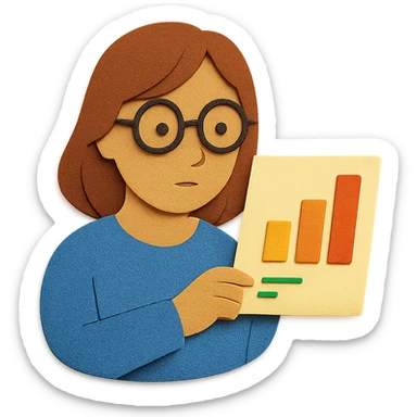 A woman wearing glasses and looking at data, in paper craft style, with no background. sticker