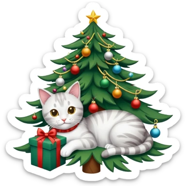 grau weiße Katze im geschmückten Weihnachtsbaum mit Lametta um sich rum und unten liegen ein paar Weihnachtskugeln sticker