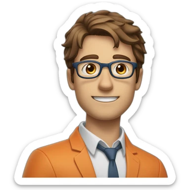 a guy with brown hair, square glasses, in an orange repairman's suit, blue eyes, stretches out his hand to the left sticker