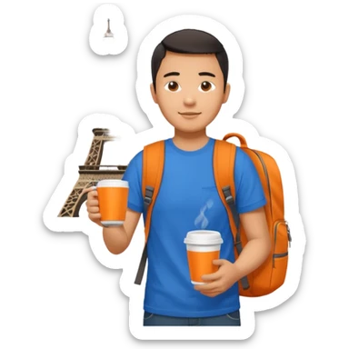 an asian man in blue t-shirt with orange cup of coffee and backpack on the back. Eiffel tower on the background. shoulder length picture sticker