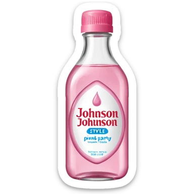 realistic Johnson and Johnson style bottle pink cap pink label clear bottle with berry party written on the logo with diddy logo bottle leaking oil from the top sticker