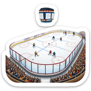 Please, make An icon featuring The background shows a packed stadium with cheering fans, bright arena lights, and an icy rink and close-up shots of key hockey equipment: a hockey stick, puck, and skates. Transparent background highlights the essentials of the game and the thrill of the sport. sticker