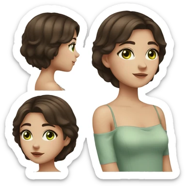 young girl girl with brown hair in a side part, wearing off shoulder top, light coloured skin, greenish blue eyes, dark brown hair, hair covering eye sticker