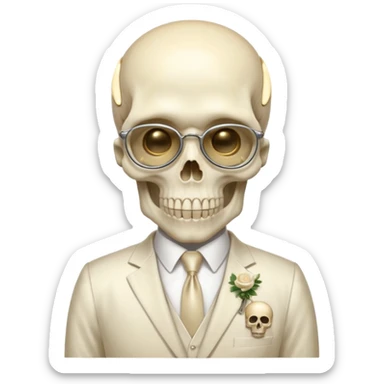 aesthetic shiny glowing divine lighting - a politician in an ivory ethereal suit wears a white tie, has a skull instead of a head, and instead of glasses, has a metal plate with screws over his eyes sticker
