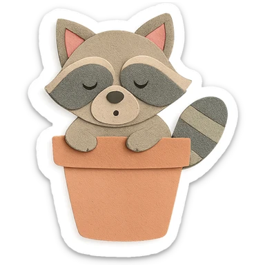 A sleepy raccoon inside a flower pot, rendered in pastel earthy colors and soft pastel tones, high-quality paper-craft style illustration, transparent background sticker