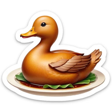 Cinematic Realistic Peking Duck Dish Emoji, depicted with crispy, roasted duck with glistening skin and succulent meat, rendered with rich textures and dramatic, appetizing lighting. sticker