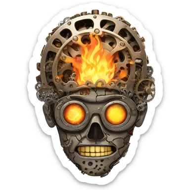 steampunk brain made of gears on fire sticker