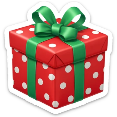 A red gift tied with a green ribbon in a white polka dot, sticker