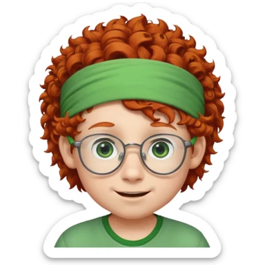 redhead kid with unique face features and very curly hair kid boy happy and big glassess and big nose and very green eyes and headband sticker