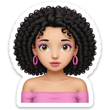 a girl with curly black hair looking forward while wearing a pink tube top but the stomach not showing and lashes too sticker