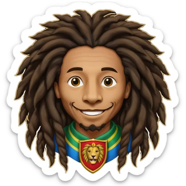 very realistic Bob Marley with gigantic dread locks in form heraldic crest with ethiopian lion sticker