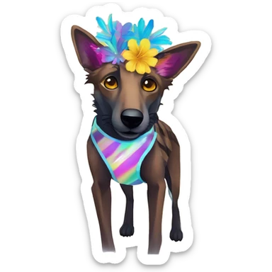  brindle brown black maroon striped lurcher Alsatian fox running blue eyes and iridescent holographic oilslick harness wearing paper iridescent tropical flower crown yellow caution tape sticker