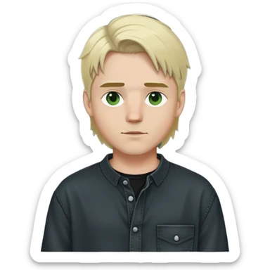 a man with really light hair, middle part, wolfcut, half neck long. he’s wearing black oversized shirt and dark oversized jeans, green/grayish eyes  sticker