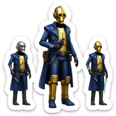 bounty hunter tarnished undercover tough well-equipped Jedi  life-sized darkblue-pearl C3po leather vest clothing pants and vest old west duster coat holding light saber sheriff holstered gun sticker