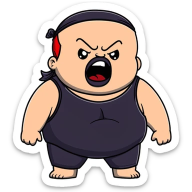 Extreme close-up of face of morbidly obese white skin guy with young face, prominent BLACK DURAG tied clearly on head, black beard but no mustache, clean shaven upper lip, black eyes in a red and black wrestling singlet with mouth wide open screaming angrily sticker