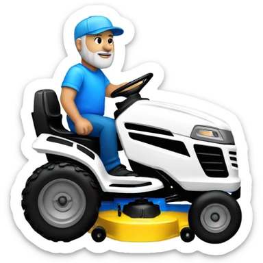 Bigger white man with short grey beard and blue hat riding lawn mower  sticker