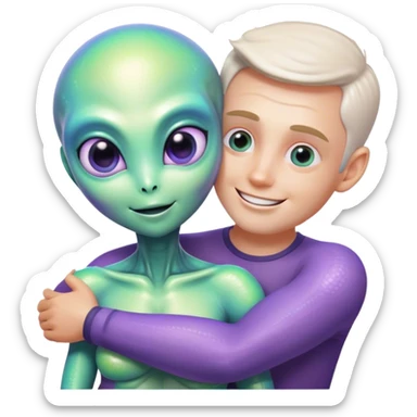 alien woman hugs white man sticker