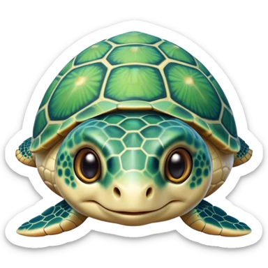 Cinematic Cute Sea Turtle Portrait Emoji, Head tilted playfully and inquisitively, featuring a charming, compact form with a beautifully patterned, domed shell and gentle, sparkling eyes full of oceanic wonder, Simplified yet irresistibly adorable features, highly detailed, glowing with a warm, friendly sea glow, high shine, affectionate and lively, stylized with a touch of whimsical marine charm, soft glowing outline, capturing the essence of a mischievous yet loving sea turtle that seems as if it could swim out of the screen into your arms! sticker