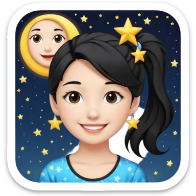 An Emoji of girl with black ponytail hair, who can be described by three words: sun, moo, star sticker