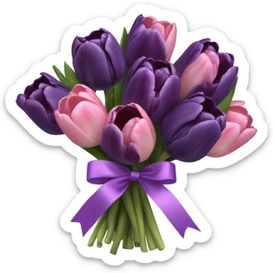 beautiful aesthetic bouquet composed of dark purple and light pink tulips tied with a silk purple ribbon sticker