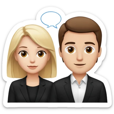 blonde woman in black suit talking to brown-haired man in white t-shirt sticker