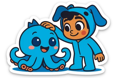 Combine the cute blue plush octopus and the human character in a blue animal onesie. Show the human gently petting the octopus, both looking happy and friendly, in a vibrant cartoon style with bold outlines and bright colors. sticker