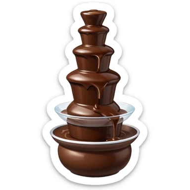 3D render of Chocolate Fountain, made entirely of dessert materials, glistening sugar crystal texture, flowing liquid dark brown chocolate, delicious confectionery aesthetic, Apple emoji style, isolated on white background --v 6.0. sticker
