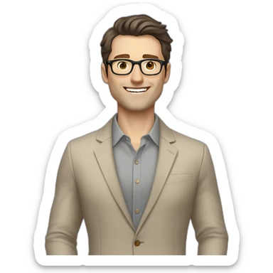 Joyful Full height Pale skinned Fit Man With dark brown hair in gray jacket, beige office shirt, Brown pants and vintage glasses. His thrumbs up sticker