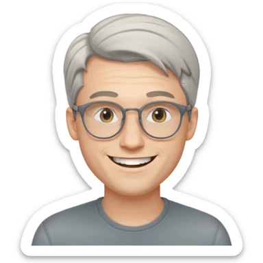 30 yr old pale white man, grey side swept hair, round glasses, big smile, white teeth, handsome, longer hair, thin glasses sticker