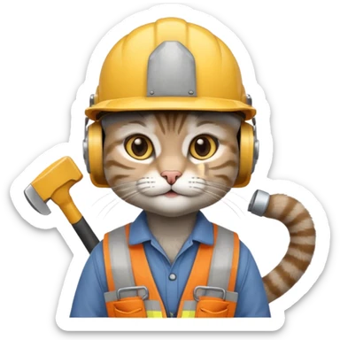 gray cat, handyman Outfit, wearing a Helmet sticker