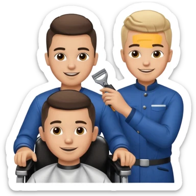 Barber cutting boys hair. Show the boy sat in black barber chair and both having smiles on their faces sticker