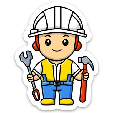 Ukrainian builder in traditional embroidered vyshyvanka shirt with construction helmet and tools sticker