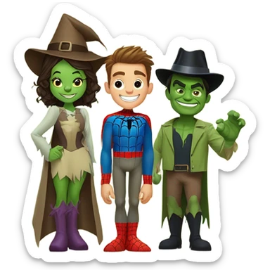 Spider-Man, Hulk, Wizard of Oz, scarecrow, and Wizard of Oz witch together as a family sticker